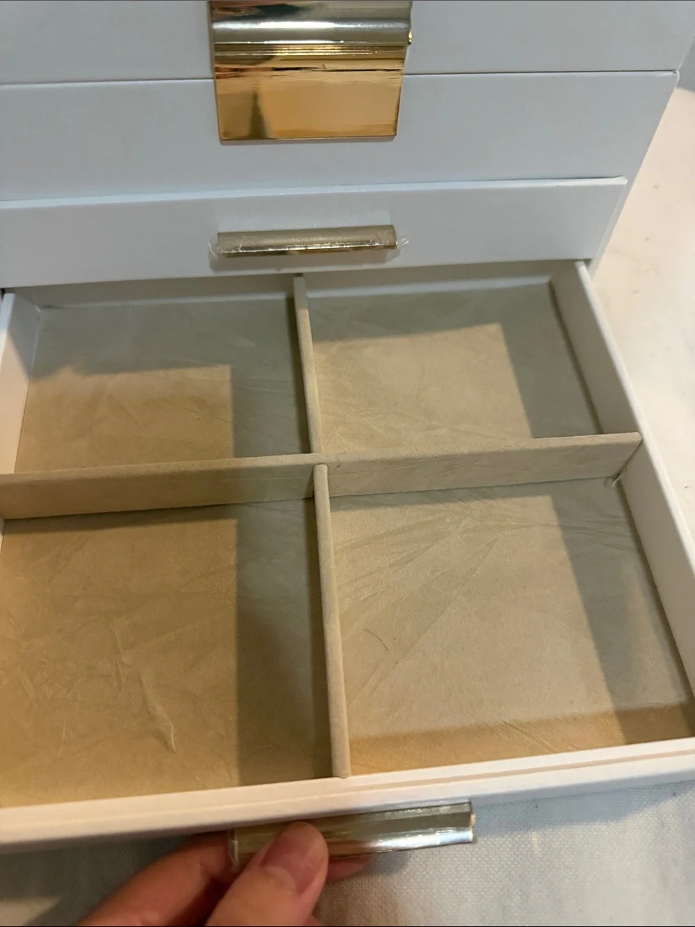 White Jewelry Organizer Box with Glass Top and Gold Accents